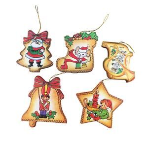 1970s Vintage Christmas Tree Ornaments - Leatherette and Wood, 10 Unique Designs